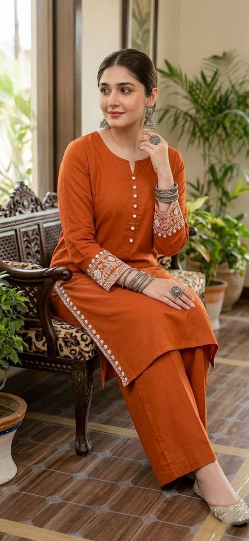Women's rayon embroidered pakistani Designer Casual & Festive Wear Orange suit set 