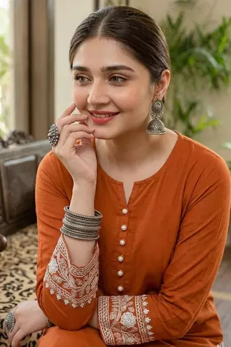 Women's rayon embroidered pakistani Designer Casual & Festive Wear Orange suit set 