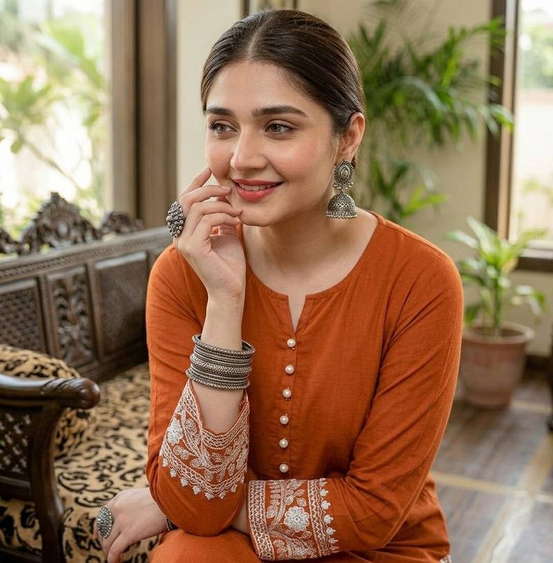 Women's rayon embroidered pakistani Designer Casual & Festive Wear Orange suit set 