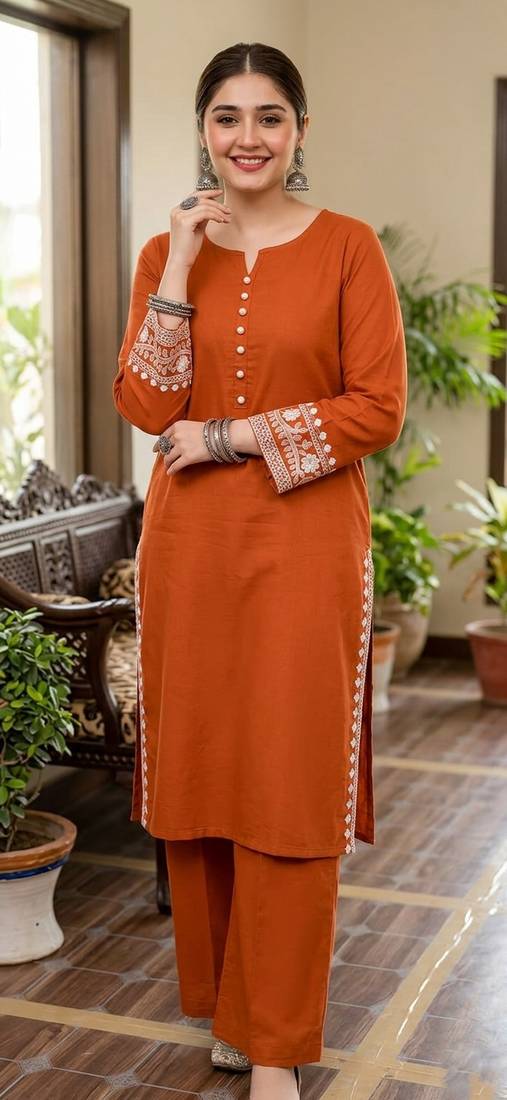 Women's rayon embroidered pakistani Designer Casual & Festive Wear Orange suit set 