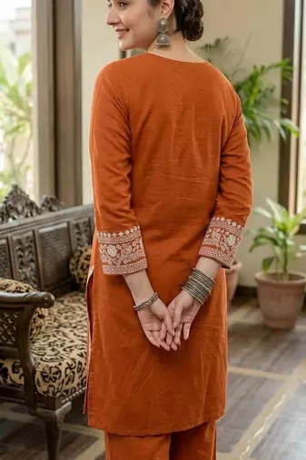 Women's rayon embroidered pakistani Designer Casual & Festive Wear Orange suit set 