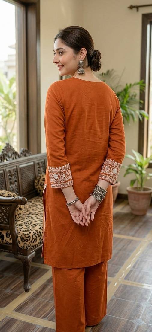 Women's rayon embroidered pakistani Designer Casual & Festive Wear Orange suit set 