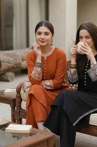 Pack of 2 Women's rayon embroidered Designer Casual & Festive Wear pakistani black & Orange suit set