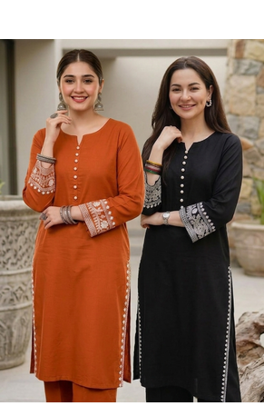 Pack of 2 Women's rayon embroidered Designer Casual & Festive Wear pakistani black & Orange suit set 3
