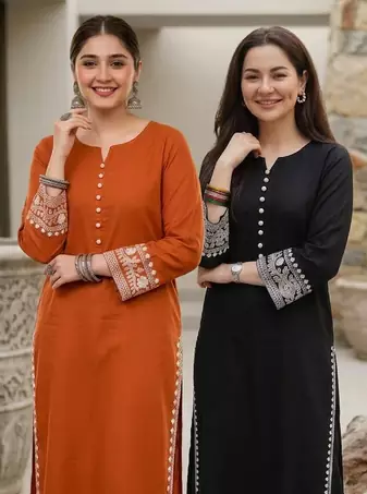 Pack of 2 Women's rayon embroidered Designer Casual & Festive Wear pakistani black & Orange suit set