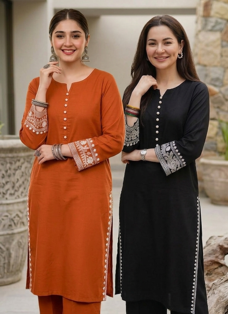 black & Orange rayon embroidered suit set - Pack of 2