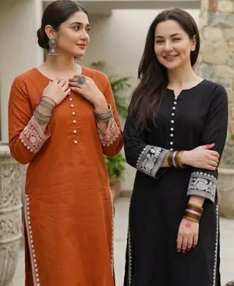 Pack of 2 Women's rayon embroidered Designer Casual & Festive Wear pakistani black & Orange suit set