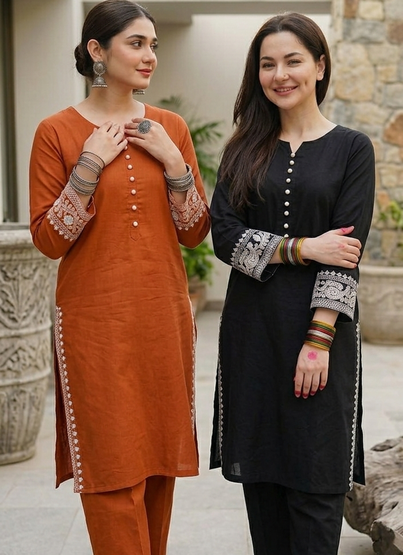 black & Orange rayon embroidered suit set - Pack of 2