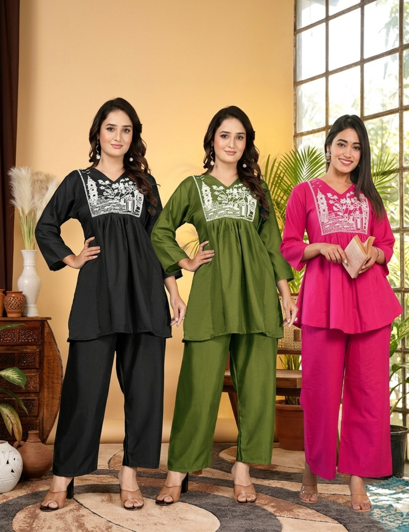 Pack Of 3 Women's rayon embroidered designer Rajasthani Style casual co ord dress