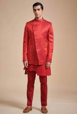 Coral red solid art art silk kurta churidar nehru jacket set for men 1