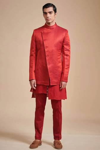 Coral red solid art art silk kurta churidar nehru jacket set for men