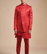 Coral red solid art art silk kurta churidar nehru jacket set for men