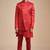 Coral red solid art art silk kurta churidar nehru jacket set for men