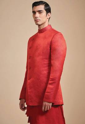Coral red solid art art silk kurta churidar nehru jacket set for men 3