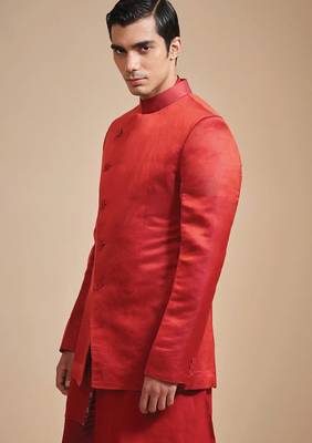 Coral red solid art art silk kurta churidar nehru jacket set for men 4