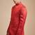 Coral red solid art art silk kurta churidar nehru jacket set for men