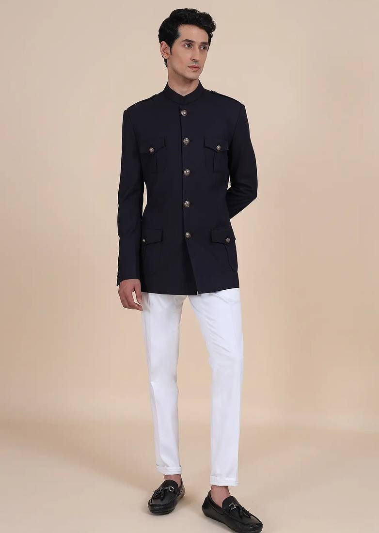 Black solid imported armani bandhgala for men