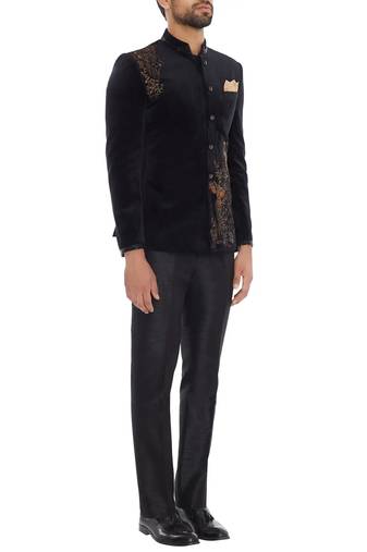 Black embroidered suede velvet bandhgala for men