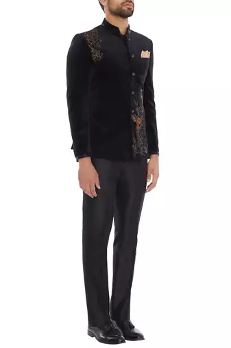 Black embroidered suede velvet bandhgala for men