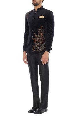 Black embroidered suede velvet bandhgala for men 3