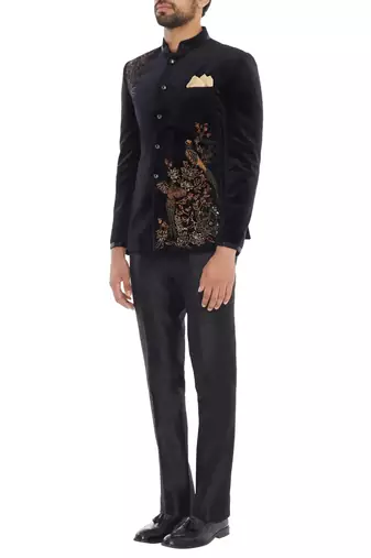 Black embroidered suede velvet bandhgala for men
