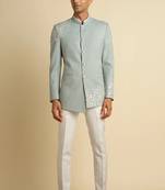 Pista green embroidered cotton blend bandhgala for men