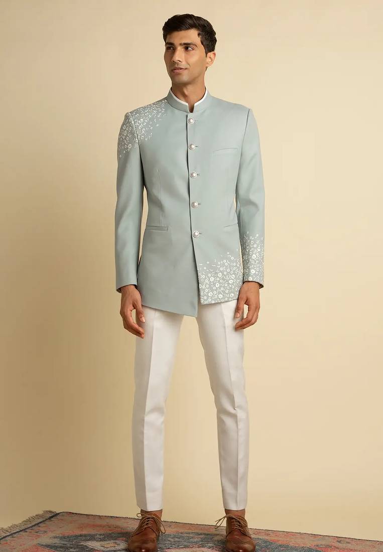 Pista green embroidered cotton blend bandhgala for men