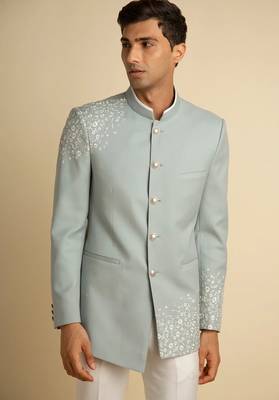 Pista green embroidered cotton blend bandhgala for men 2
