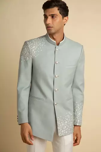 Pista green embroidered cotton blend bandhgala for men