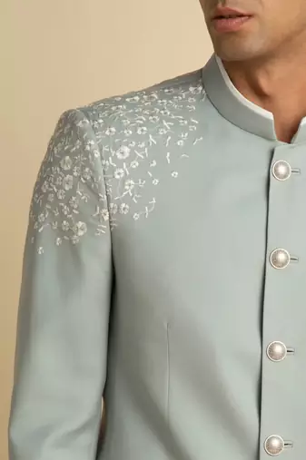 Pista green embroidered cotton blend bandhgala for men