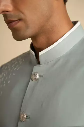 Pista green embroidered cotton blend bandhgala for men