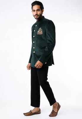 Green embroidered suede velvet bandhgala for men 1