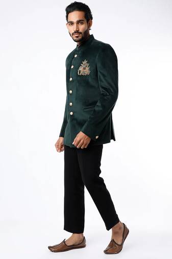 Green embroidered suede velvet bandhgala for men
