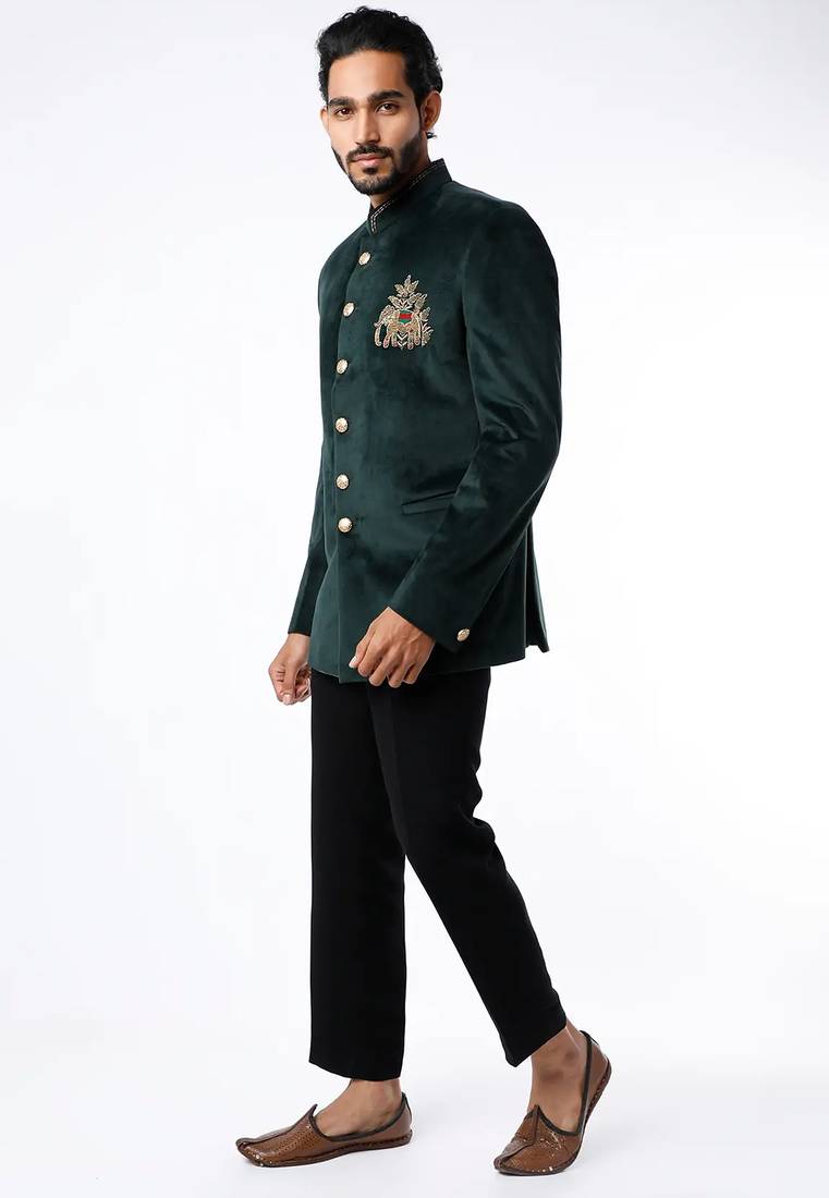 Green embroidered suede velvet bandhgala for men