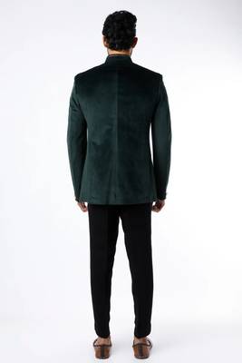 Green embroidered suede velvet bandhgala for men 2