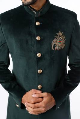 Green embroidered suede velvet bandhgala for men 3