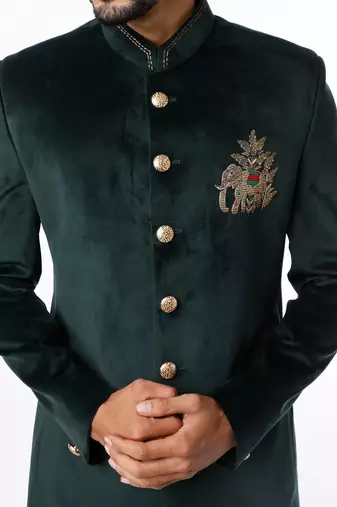 Green embroidered suede velvet bandhgala for men