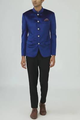 Blue solid suede velvet bandhgala for men 1