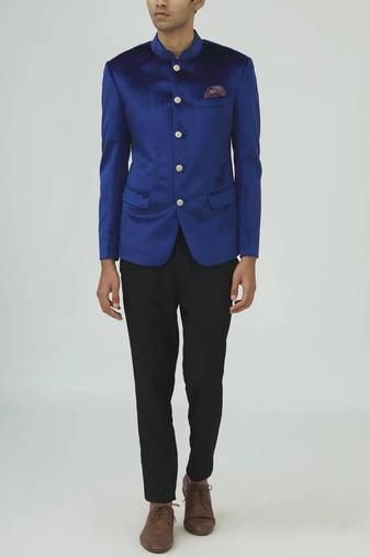 Blue solid suede velvet bandhgala for men