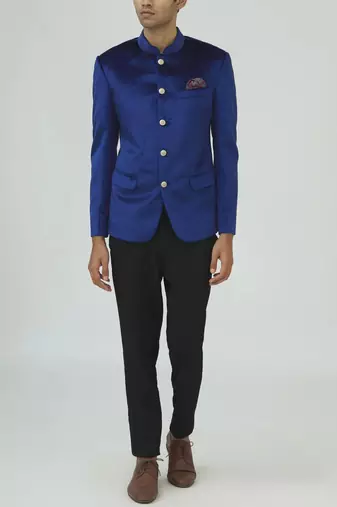 Blue solid suede velvet bandhgala for men