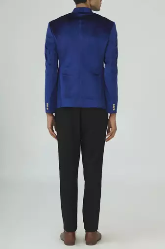 Blue solid suede velvet bandhgala for men