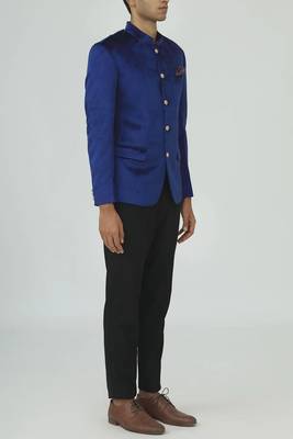 Blue solid suede velvet bandhgala for men 3