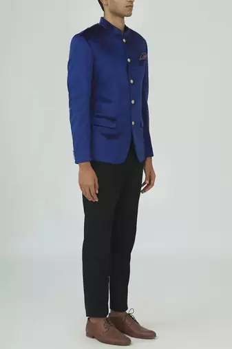 Blue solid suede velvet bandhgala for men