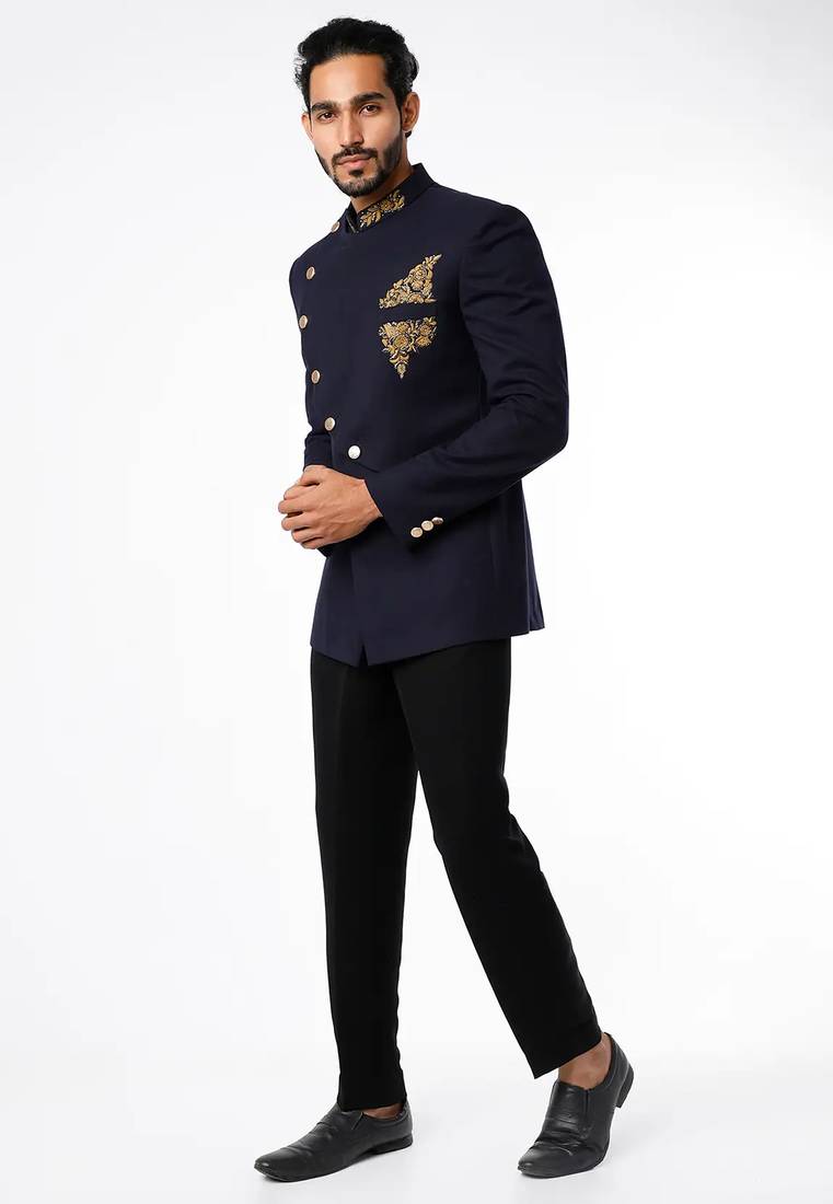 Black embroidered poplin bandhgala for men