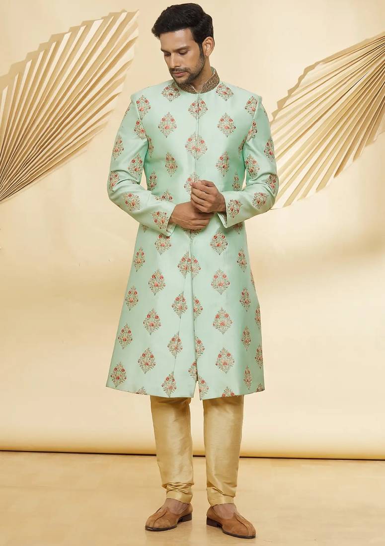 Art silk gold embroidery sherwani for men