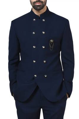 Navy blue embroidered poplin bandhgala for men 1