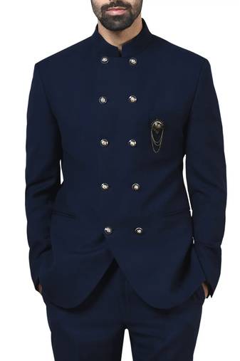 Navy blue embroidered poplin bandhgala for men