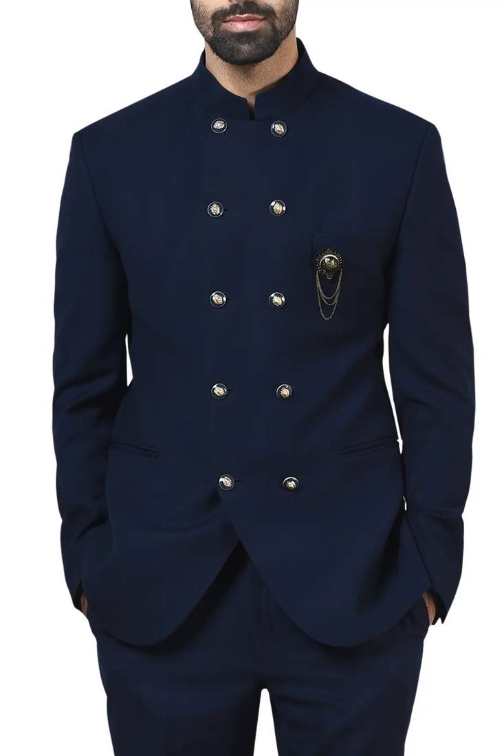 Navy blue embroidered poplin bandhgala for men