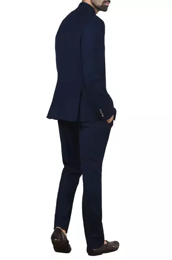 Navy blue embroidered poplin bandhgala for men