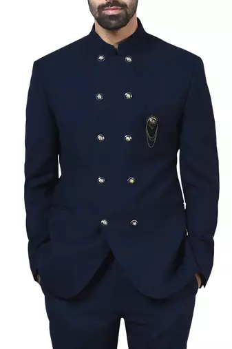 Navy blue embroidered poplin bandhgala for men
